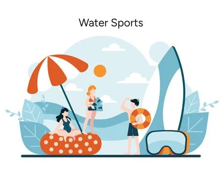 Vibrant characters partake in beachside activities, depicting the excitement of Stock Illustration