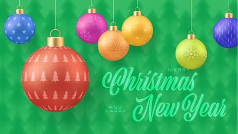 Vibrant Christmas baubles with various patterns hanging against a festive g.. イラスト素材