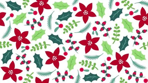 Vibrant Christmas Seamless Pattern with Red Flowers Holly Leaves Winter Ber.. Stock Illustration