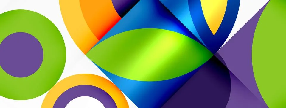 Vibrant circles and triangles create a colorful pattern on white background Stock Illustration