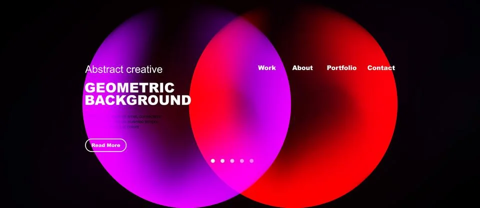 Vibrant circles overlap black background. Text details website navigation, .. Stockillustratie