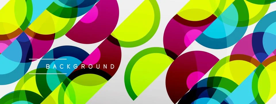 Vibrant circles overlap white space. Colors include pink, blue, green, yellow Stock Illustration