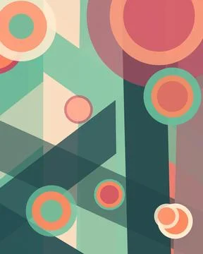 Vibrant circles, polygons, and translucent blocks create a playful retro-in.. Stock Illustration