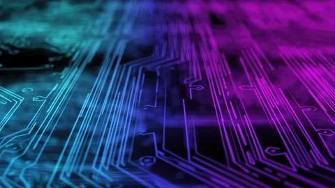 Vibrant Circuit Board Design With Electric Colors in a Futuristic Setting Stock Illustration
