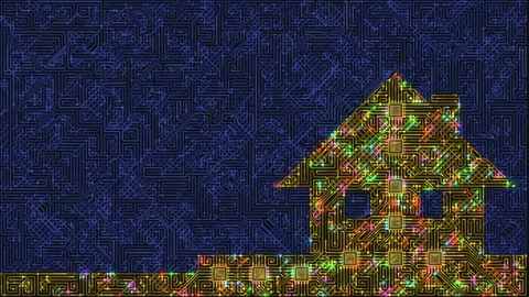 A vibrant circuit board forms a smart home, automation and interconnected Stock Footage 342115768