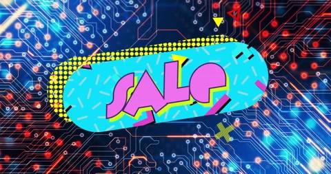 Vibrant circuit board pattern with colorful sale text and abstract animation Stock Footage 304858027