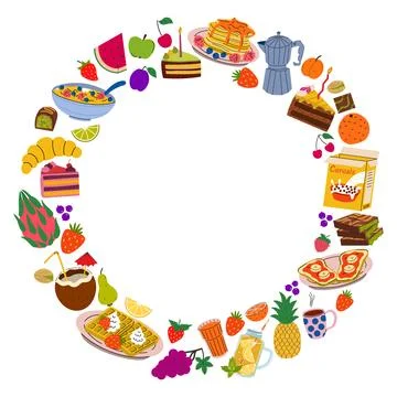 Vibrant circular frame of flat style food items, breakfast, and fruits. Col.. Stock Illustration
