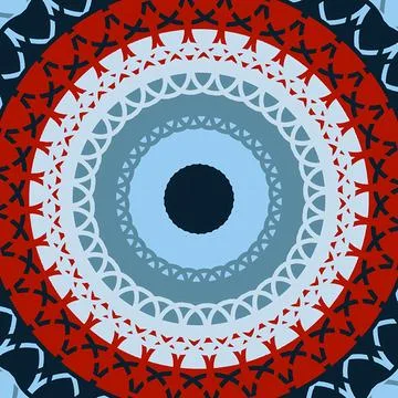 Vibrant Circular Mandala Pattern with Geometric Red and Blue Concentric Rings Stock Illustration