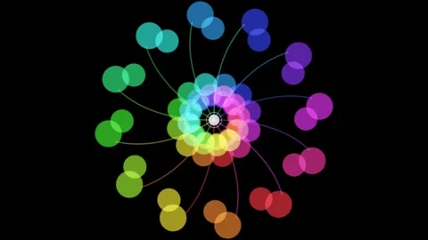 A vibrant circular pattern of overlapping colorful circles on dark background Video stock 335118005