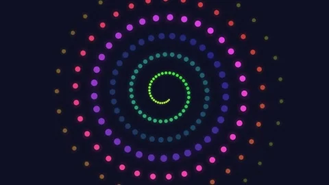 A vibrant circular spiral pattern formed by colorful neon glowing dots Video stock 335117359