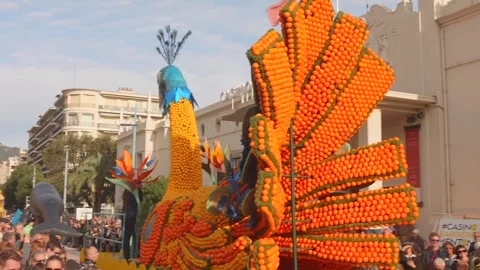 Vibrant Citrus Float at Menton's Renowned Fête du Citron Parade Stock Footage 331984670