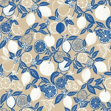 Vibrant Citrus Fruit Pattern with Blue Leaves and Beige Background. Stock Illustration