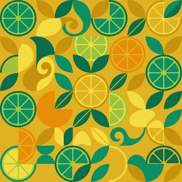 Vibrant Citrus Fruit Pattern with Geometric Shapes and Leaves. Stock Illustration