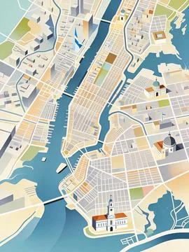 Vibrant city map with river running through downtown area Stock Illustration
