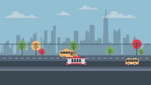 Vibrant Cityscape with Buses and Tram on Modern Urban Street in Autumn 스톡 동영상 341919965