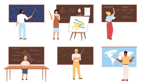 In a vibrant classroom setting, teachers demonstrate different subjects using Stock Illustration