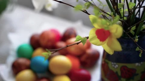 Vibrant Close-up of Colorful Easter Eggs and Flowers Stock Footage 333284756