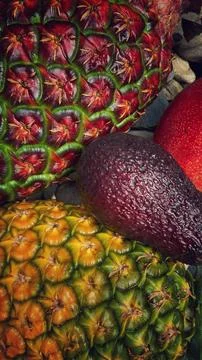 Vibrant close-up shot of a colorful array of fresh Peruvian fruits. Stock Photos