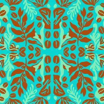 Vibrant Coffee Bean and Leaf Pattern in Teal and Orange. イラスト素材