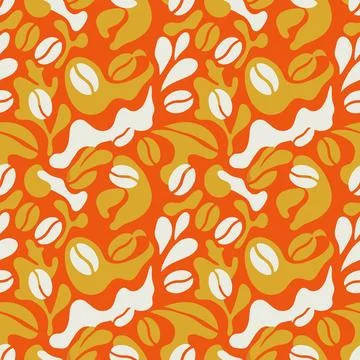 Vibrant Coffee Bean and Leaf Pattern in Orange and Gold. イラスト素材