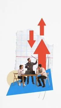 Vibrant collage. Team examining oversized red arrows symbolizing dramatic market 写真素材