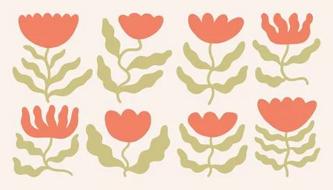 A vibrant collection of abstract floral elements featuring red blossoms and Illustrazione stock