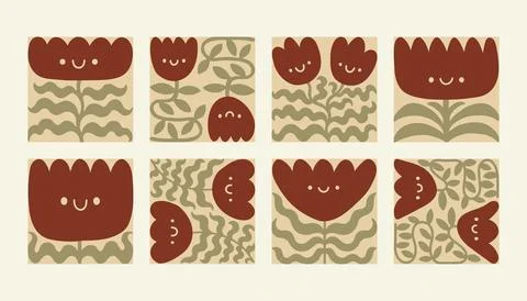 A vibrant collection of abstract floral elements featuring dark red smiling Stock Illustration