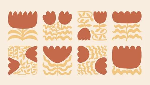 A vibrant collection of abstract floral elements featuring red blossoms and Stock Illustration