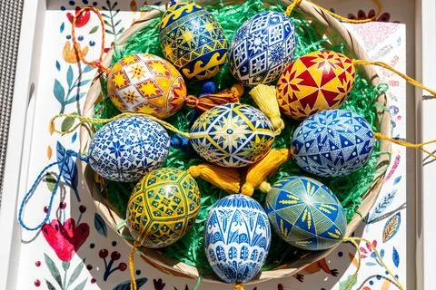 A vibrant collection of Easter eggs showcases traditional Ukrainian pysanky,  Stock Photos