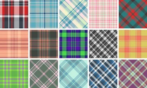 A vibrant collection of plaid patterns featuring square checks and repetiti.. Illustrazione stock