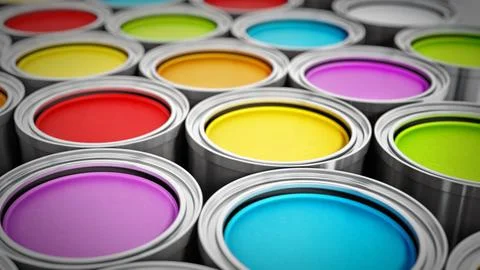 Vibrant colored paint cans background. 3D illustration Stock Illustration