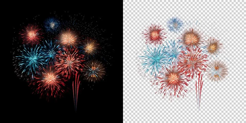 Vibrant colorful firework explosions set isolated on white and black backgr.. Illustrazione stock