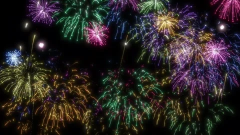 Vibrant colorful fireworks exploding in night sky with bright purple pink green 스톡 동영상 334127598