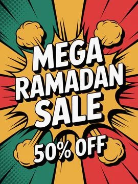 Vibrant comic-style banner with ramadan sale text and golden lanterns イラスト素材