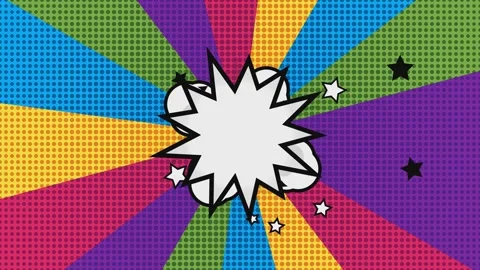 Vibrant comic style explosion bubble animation on colorful rainbow sunburst.. Stock Footage 341024984
