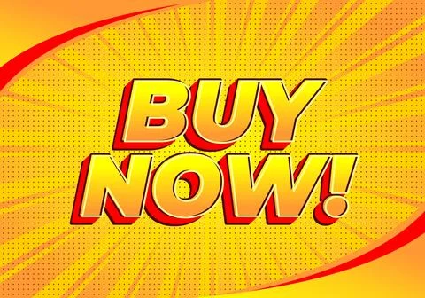 A vibrant, comic style graphic featuring the text BUY NOW! in bold, 3D lett.. Stock Illustration