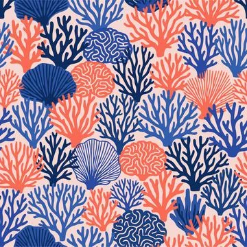 Vibrant Coral Reef Pattern with Blue and Orange Sea Life. Stock Illustration