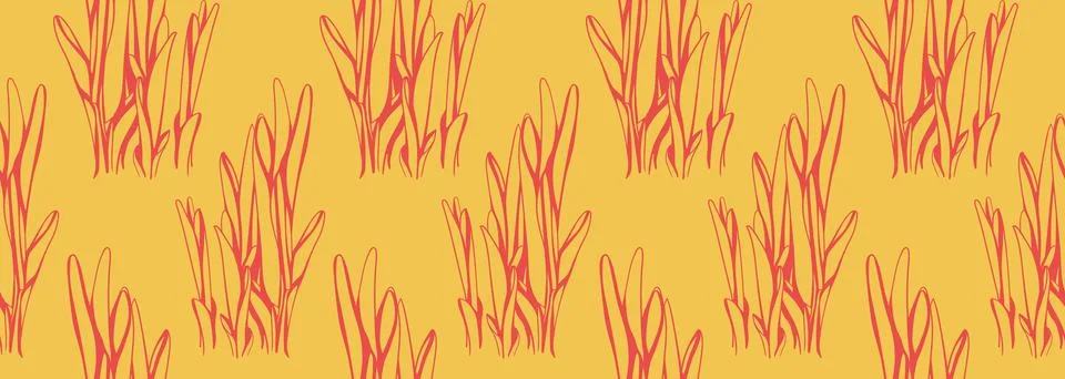 Vibrant coralred stylized grass pattern on a sunny yellow background.  Perf.. Illustrazione stock