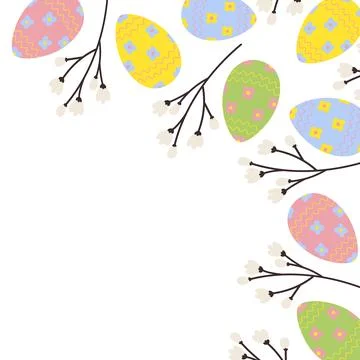 Vibrant corner frame border of Easter eggs and spring flowering twigs. Copy Stock Illustration