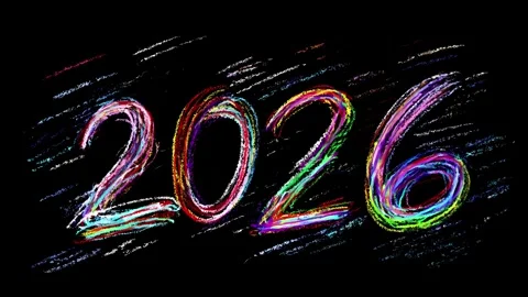 Vibrant countdown: handdrawn 2026 in motion, stopmotion style, black overlay Stock Footage 316123981