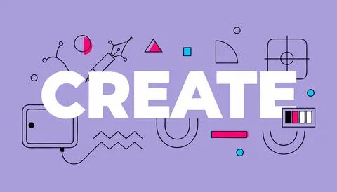 Vibrant create concept with geometric shapes and lines on purple Stock Illustration
