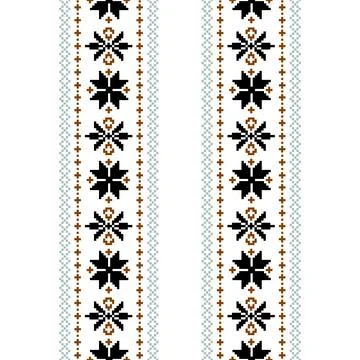 A vibrant cross stitch pattern border featuring black and orange flowers Stock Illustration