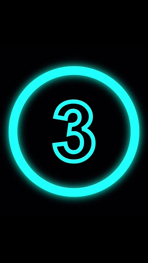 Vibrant cyan neon number 3 encased in a glowing circle on black. Number thr.. Stock Footage 344843953
