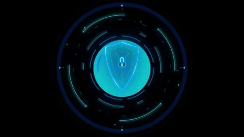 Vibrant cyan shield with a padlock symbol at its core, enclosed by pulsatin.. 動画素材 335826576