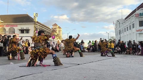 Vibrant dancers move in unison, adorned in golden, feathered costumes Stock Footage 340142568