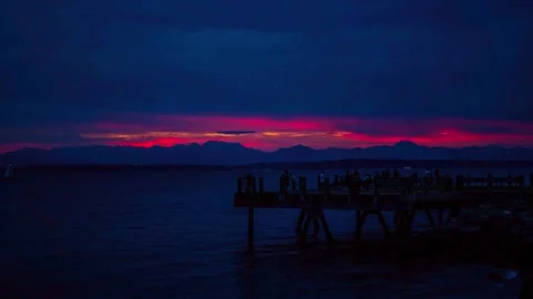 	Vibrant dark red sunset dusk sky clouds flying over water aerial view Stock Footage 276633867