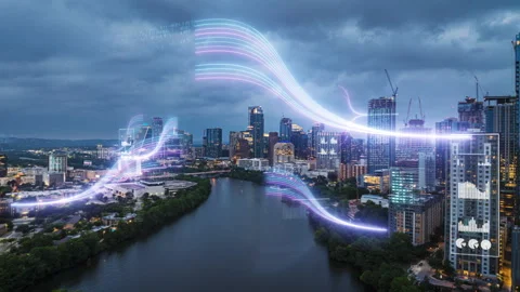 Vibrant data visuals blend with the futuristic modern city skyline. Perfect for Stock Footage 276107518