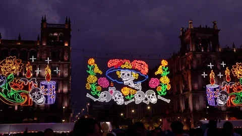 Vibrant Day of the Dead Celebration Lights Up Zocalo, Mexico City Stock Footage 324796737