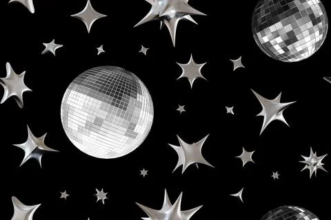 A vibrant design showcases a seamless pattern of shiny disco balls and chrome Stock Illustration