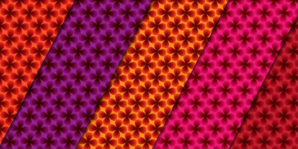 Vibrant diagonal stripes with floral patterns in purple, orange, pink, and .. Stock Illustration